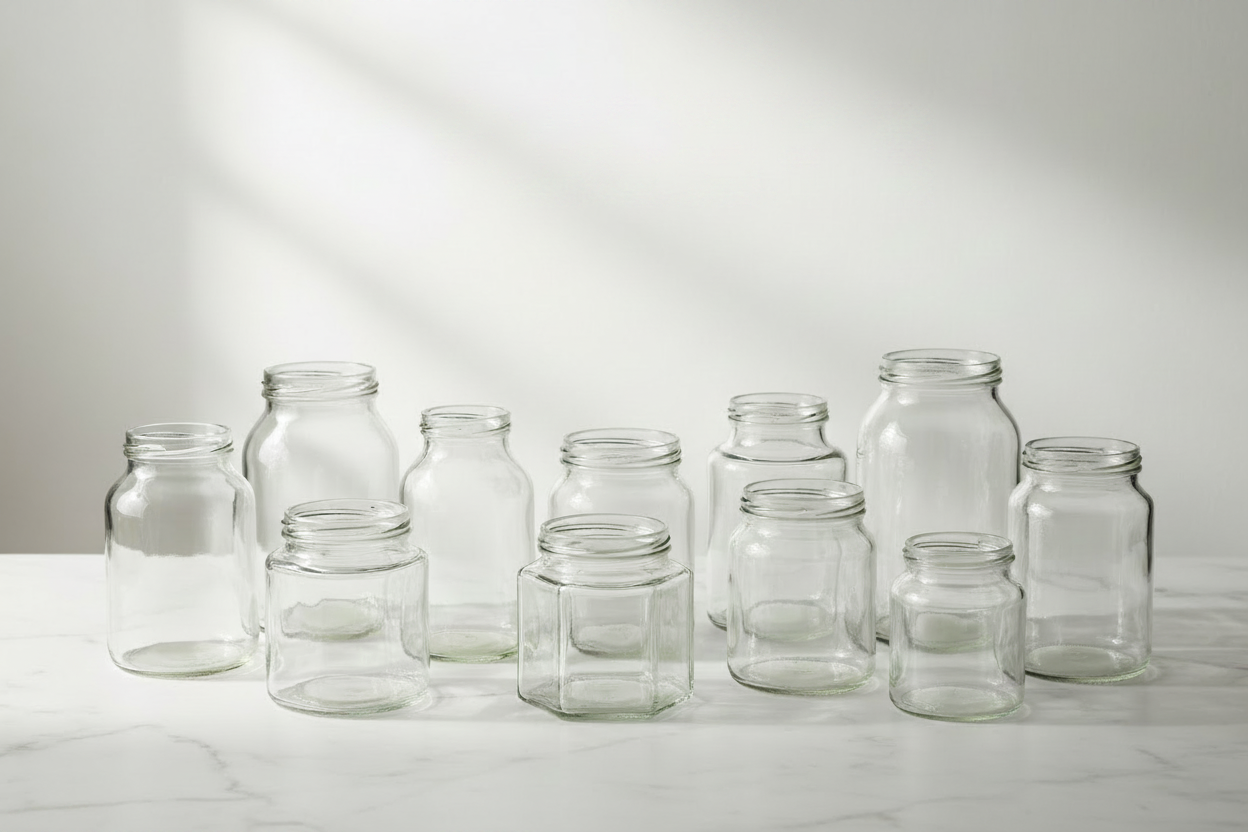 Kies glazen potten per vorm voor uw product. Diverse modellen voor voeding, honing, jam, sauzen, kruiden en conserven.